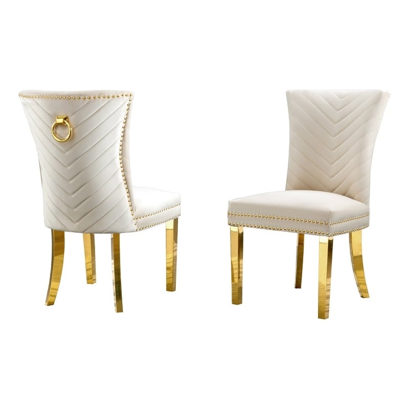 Set of 2 Cream Velvet Upholstered Chairs with Gold Stainless Steel Legs