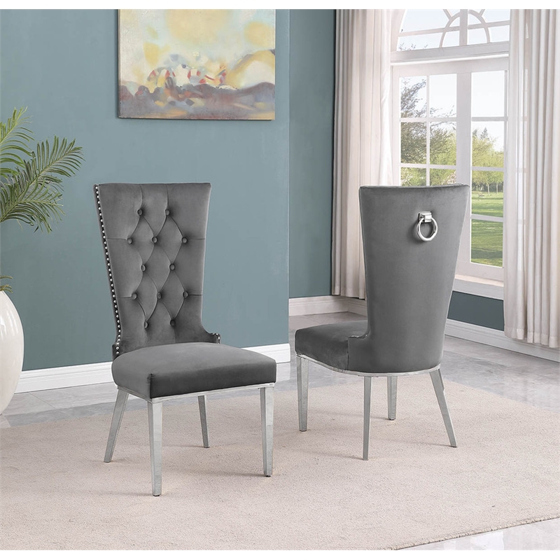 Dark Gray Velvet Upholstered Side Chairs with Stainless Steel Set of 2