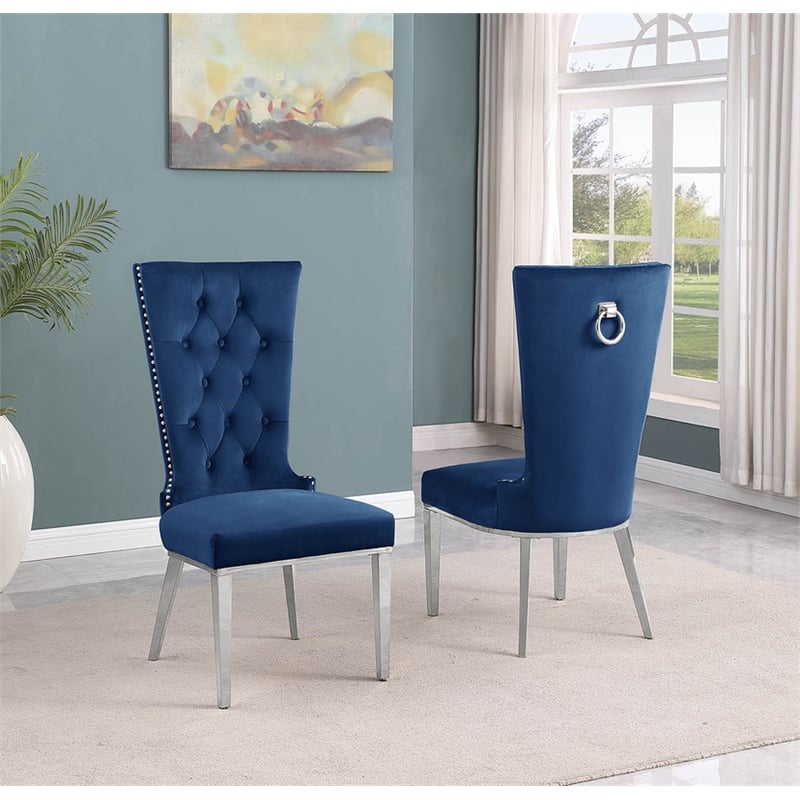 Navy Blue Velvet Upholstered Side Chairs with Stainless Steel Set of 2