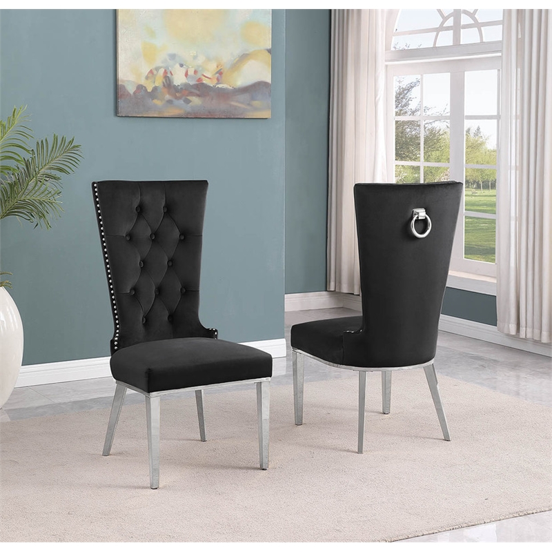 Black Velvet Upholstered Side Chairs with Stainless Steel Set of 2