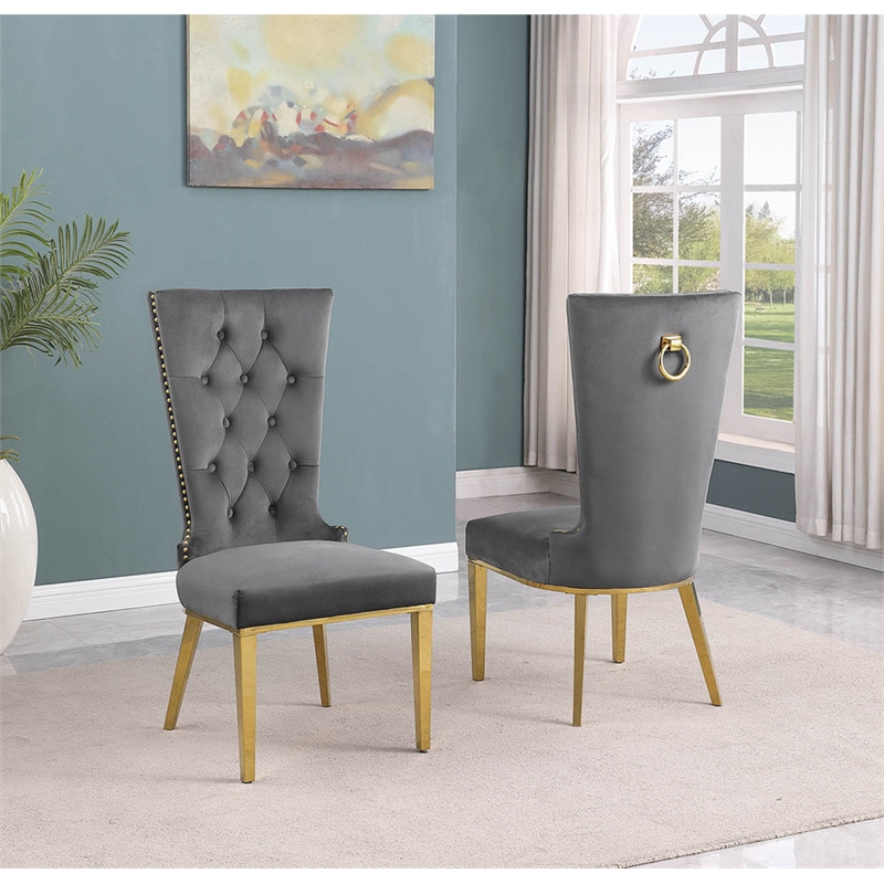 Dark Gray Velvet Upholstered Side Chairs with Gold Stainless Steel Set of 2