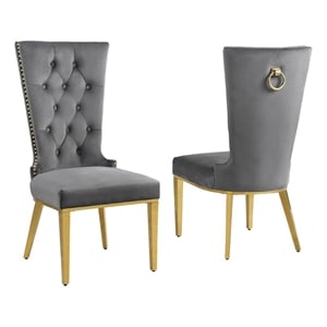 Dark Gray Velvet Upholstered Side Chairs with Gold Stainless Steel Set of 2