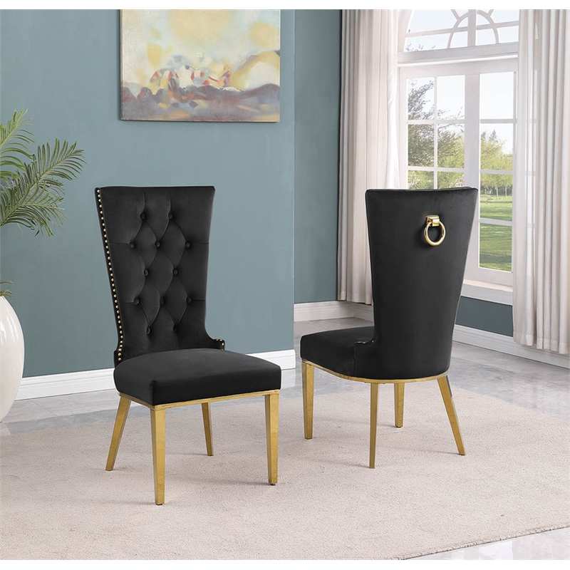 Black Velvet Upholstered Side Chairs with Gold Stainless Steel Set of 2