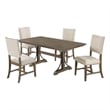 5pc Brown Oak Wood Dining Set with 4 Beige Linen Upholstered Chairs