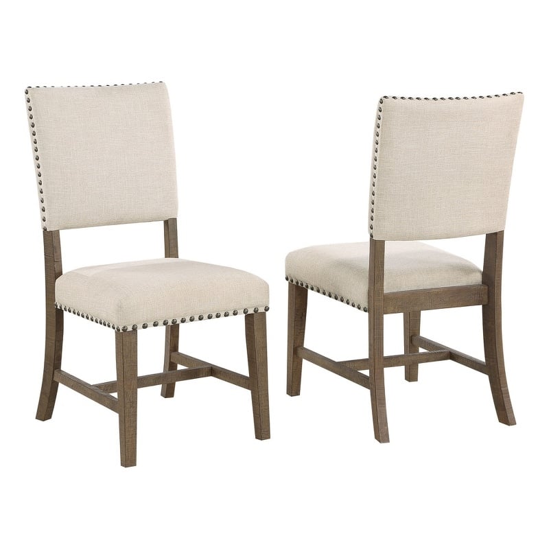Set of 2 Beige Linen Upholstered Dining Chairs with Brown Oak Wood Frame