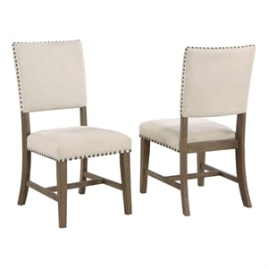 Set of 2 Beige Linen Upholstered Dining Chairs with Brown Oak Wood Frame