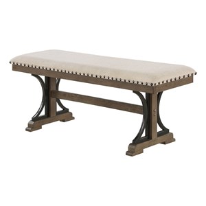 Beige Linen Brown Oak MDF Wood Dining Bench with Nailhead Trim