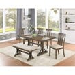 6pc Brown Oak Wood Dining Set with Beige Linen Upholstered Chairs and Bench