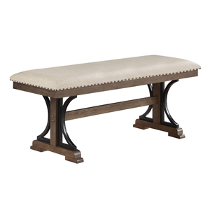 Beige Linen Brown Oak MDF Wood Dining Bench with Nailhead Trim