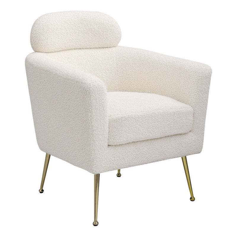 White Faux Fur Fabric Accent Leisure Chair with Pillow Rest and Gold Chrome Legs
