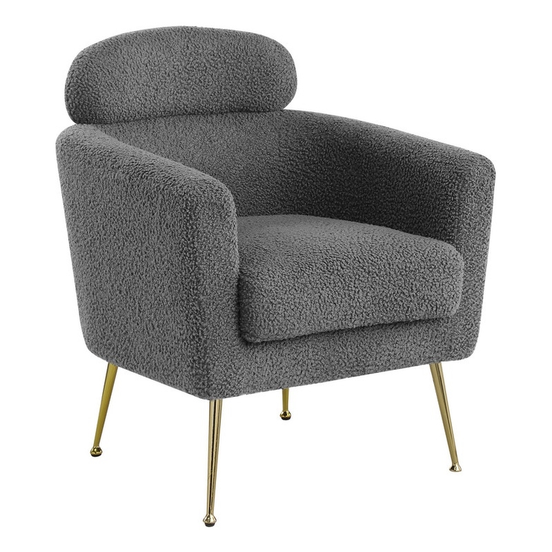 Gray Faux Fur Fabric Accent Leisure Chair with Pillow Rest and Gold Chrome Legs