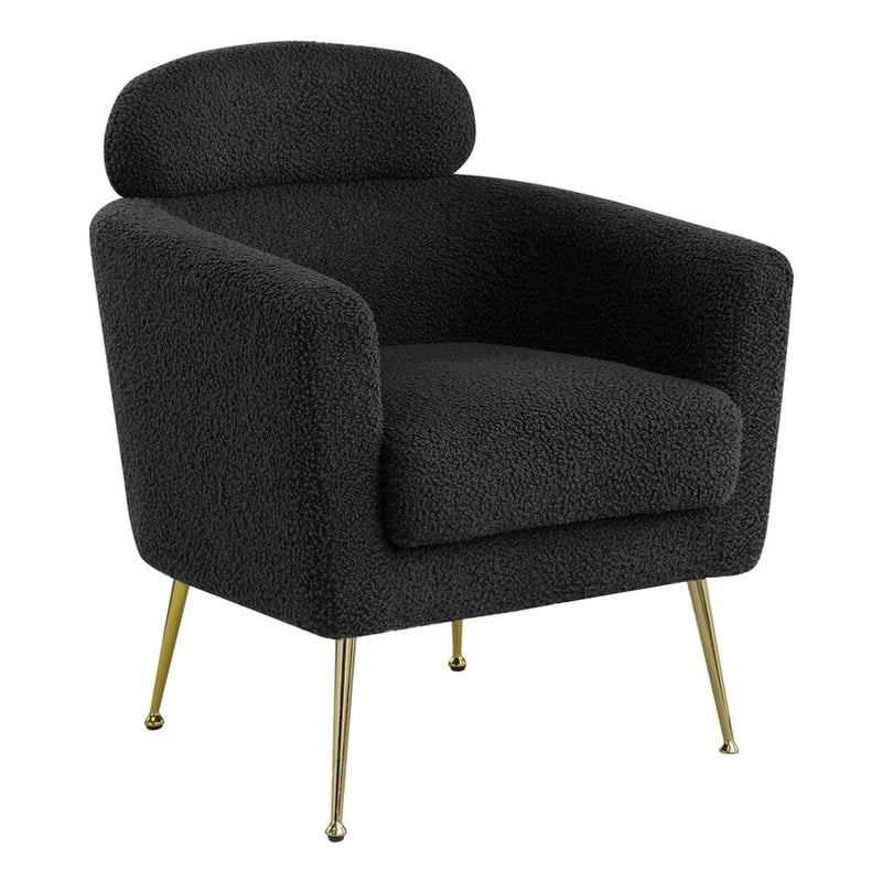 Black Faux Fur Fabric Accent Leisure Chair with Pillow Rest and Gold Chrome Legs