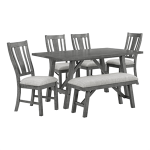 Rustic Gray Wood 6pc Dining Set with Gray Linen Upholstered Chairs and Bench