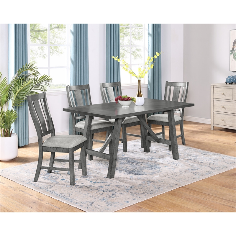 Rustic Gray Wood 5 piece Dining Set with Gray Linen Upholstered Chairs