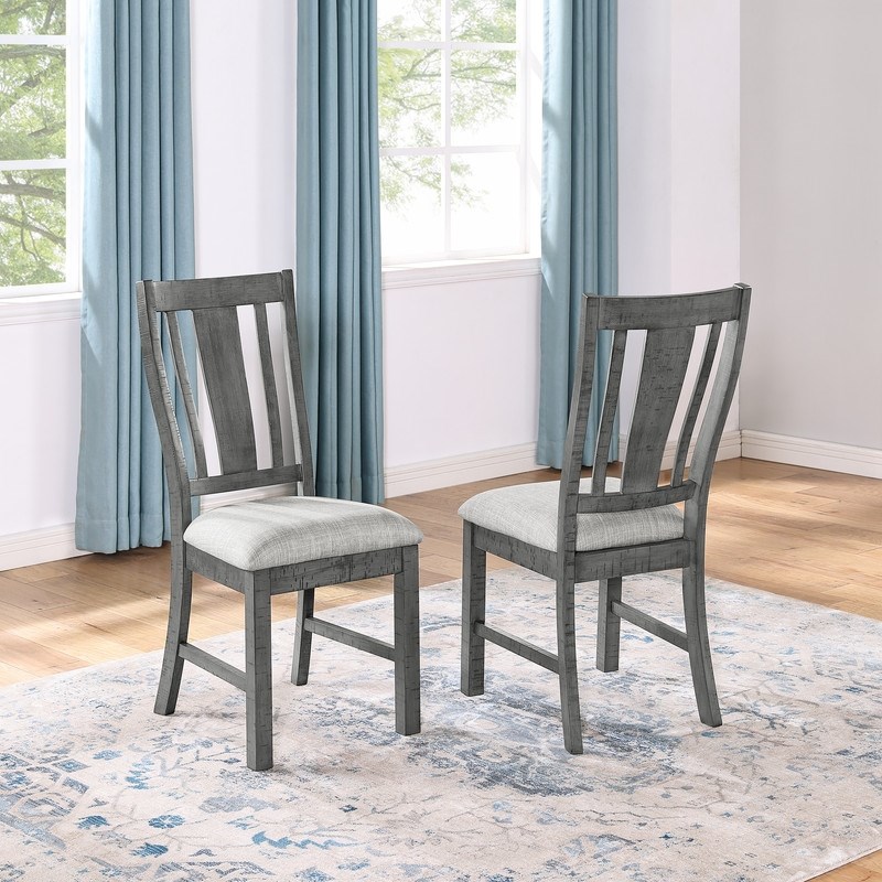 Rustic Gray Wood Linen Upholstered Dining Side Chairs Set of 2