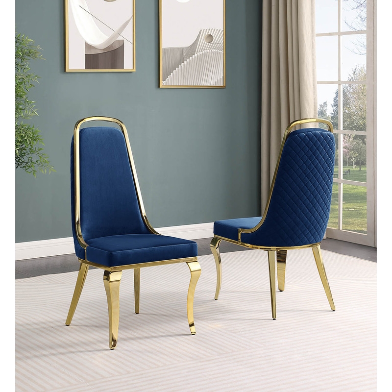 Best Quality Furniture Gold Chrome Side Chairs Set of 2 in Navy Blue Velvet