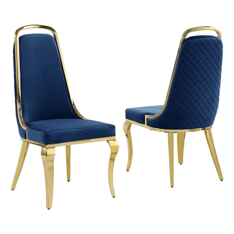 Best Quality Furniture Gold Chrome Side Chairs Set of 2 in Navy Blue Velvet