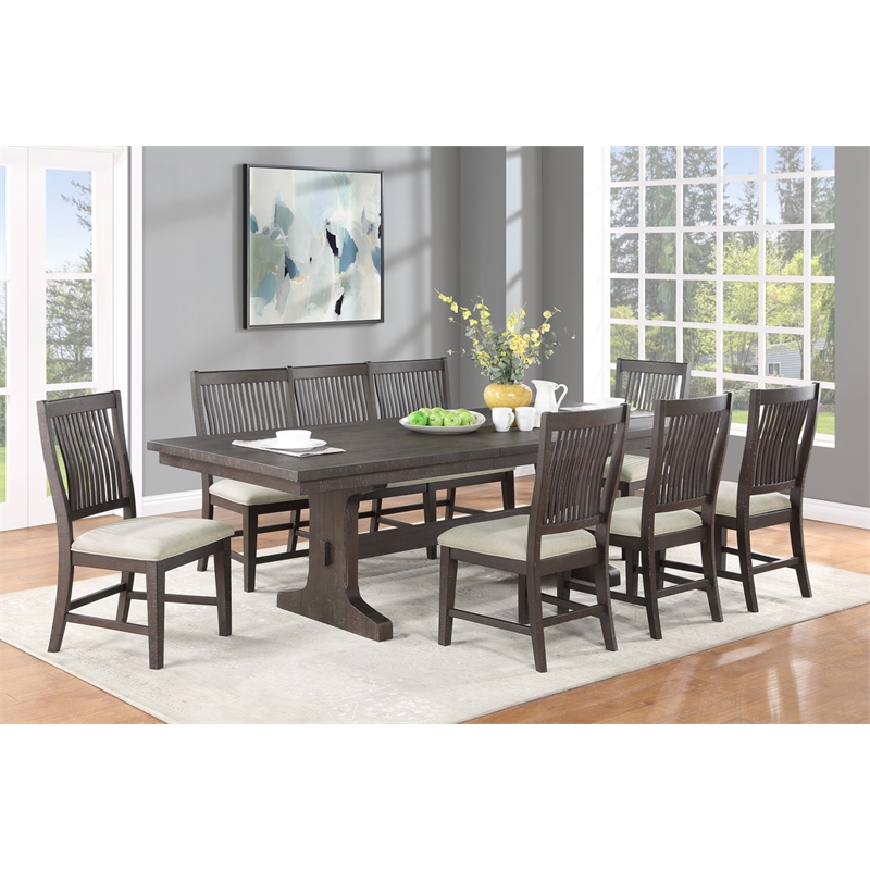 Best Quality Rustic Brown Wood 7pc Dining Set with Beige Chairs and Bench