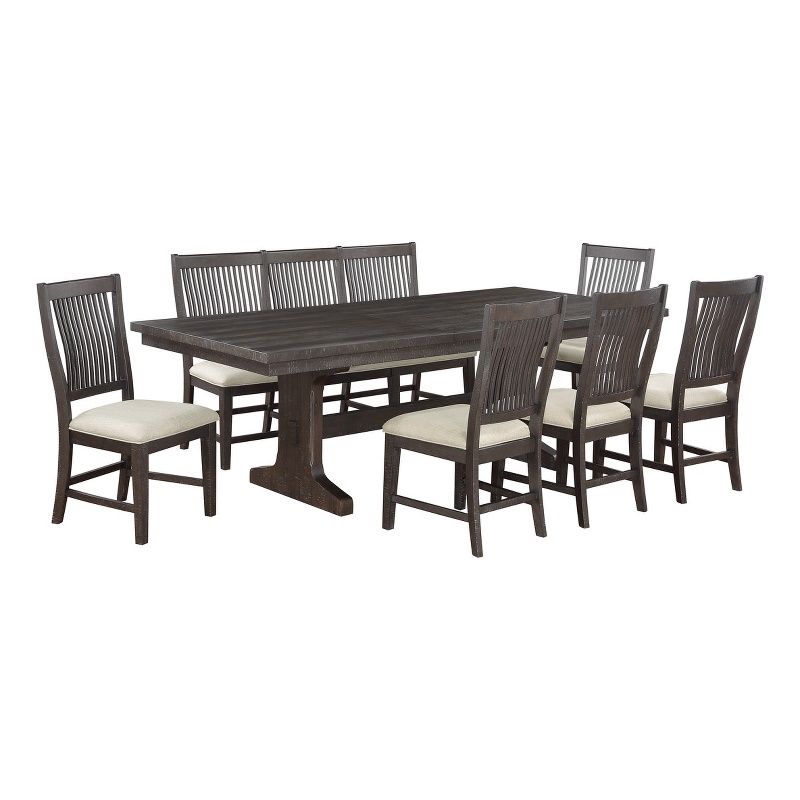 Best Quality Rustic Brown Wood 7pc Dining Set with Beige Chairs and Bench