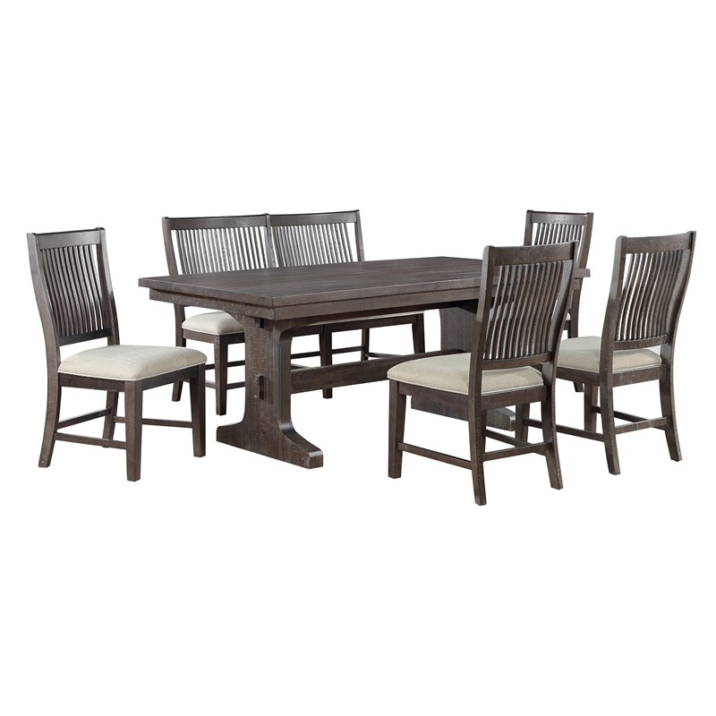 Best Quality Rustic Brown Wood 6pc Dining Set with Beige Chairs and Bench