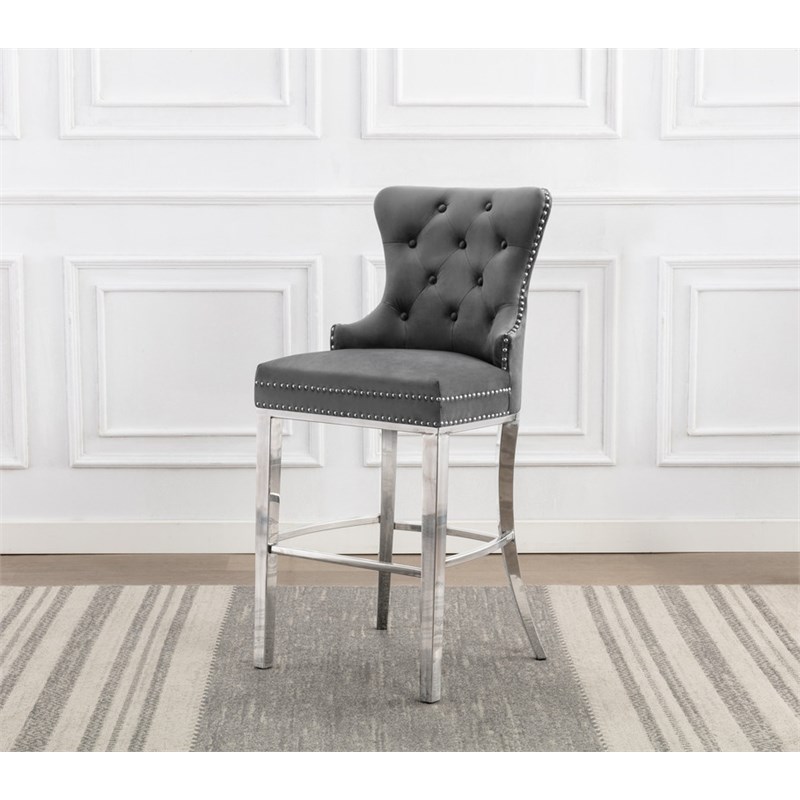 Best Quality Furniture Set of 2 Bar Stools Dark Gray Velvet w Stainless Steel