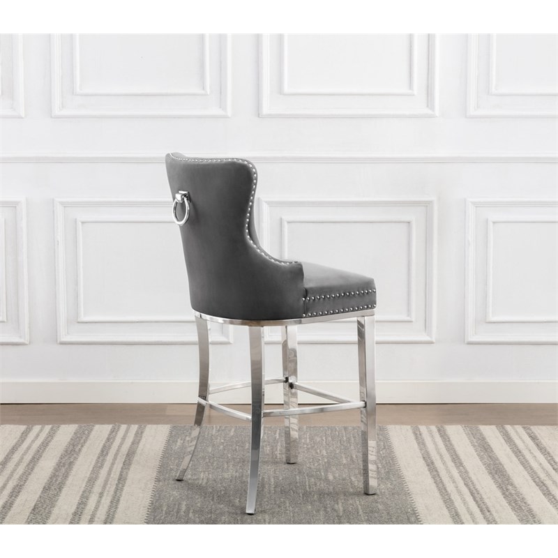 Best Quality Furniture Set of 2 Bar Stools Dark Gray Velvet w Stainless Steel