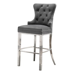 Best Quality Furniture Set of 2 Bar Stools Dark Gray Velvet w Stainless Steel
