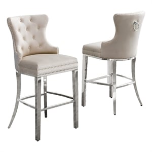 Best Quality Furniture 29&quot Upholstered Velvet Bar Stool in Cream (Set of 2)