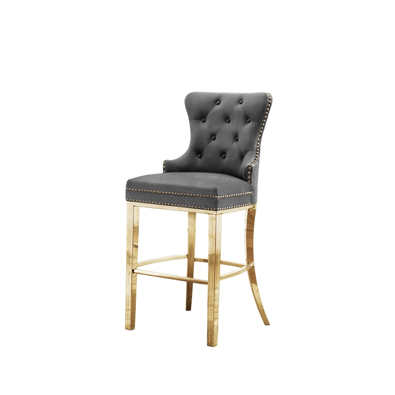 Best Quality Set of 2 Bar Stools Dark Gray Velvet w Gold Stainless Steel
