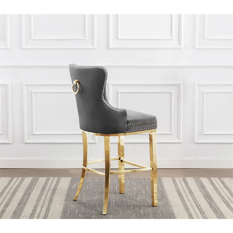 Best Quality Set of 2 Bar Stools Dark Gray Velvet w Gold Stainless Steel