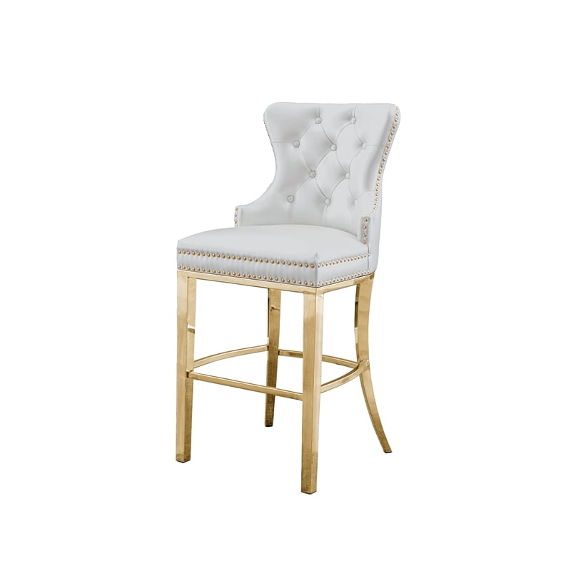 Best Quality Set of 2 Bar Stools White Faux Leather w Gold Stainless Steel