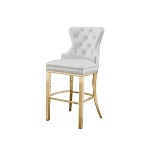 Best Quality Set of 2 Bar Stools White Faux Leather w Gold Stainless Steel