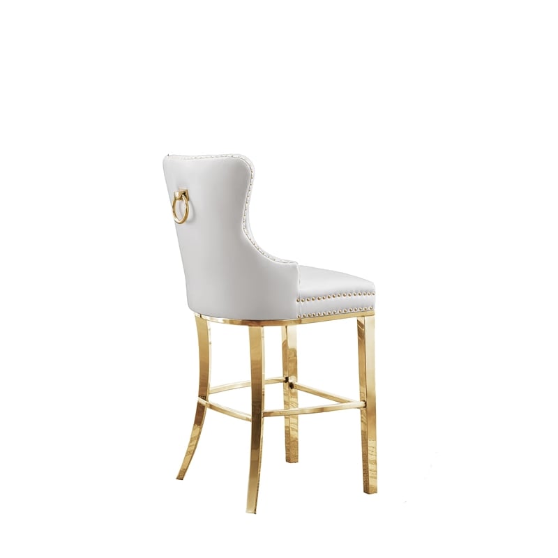 Best Quality Set of 2 Bar Stools White Faux Leather w Gold Stainless Steel