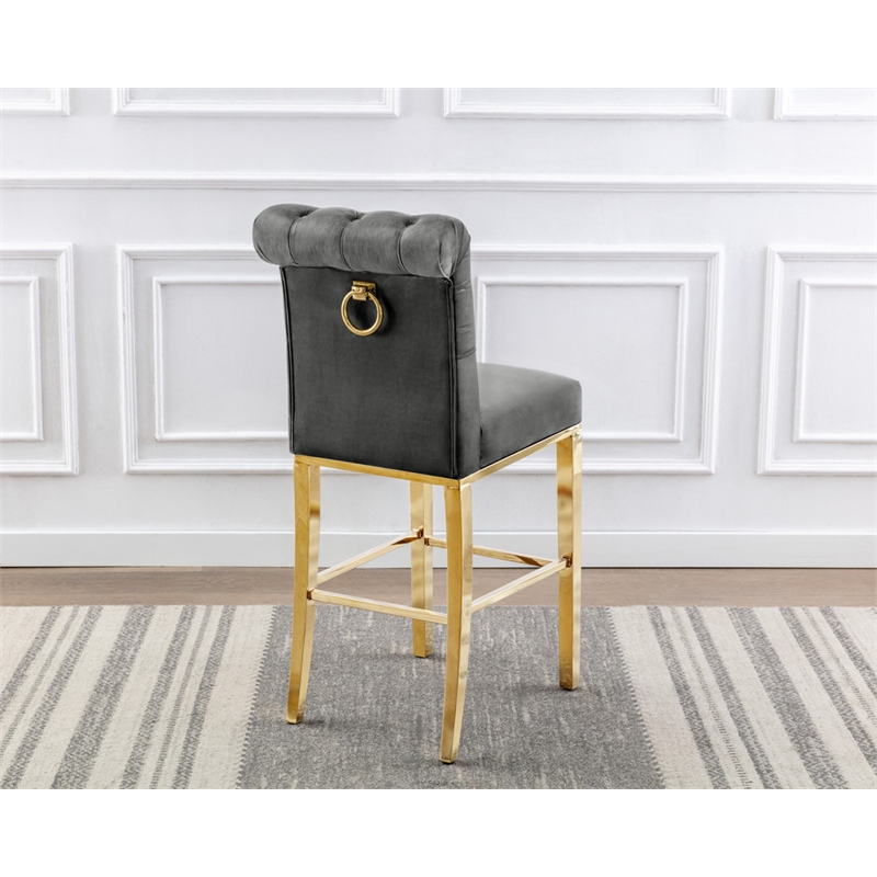 Best Quality Set of 2 Bar Stools Dark Gray Velvet w Gold Stainless Steel