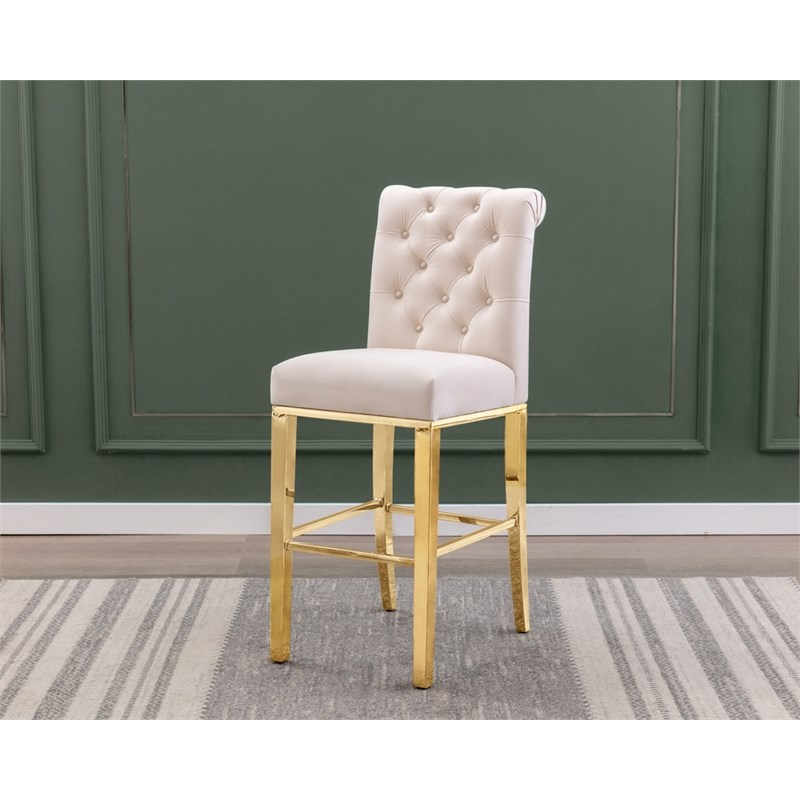 Best Quality Set of 2 Bar Stools Cream Velvet w Gold Stainless Steel