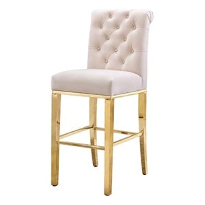 Best Quality Set of 2 Bar Stools Cream Velvet w Gold Stainless Steel