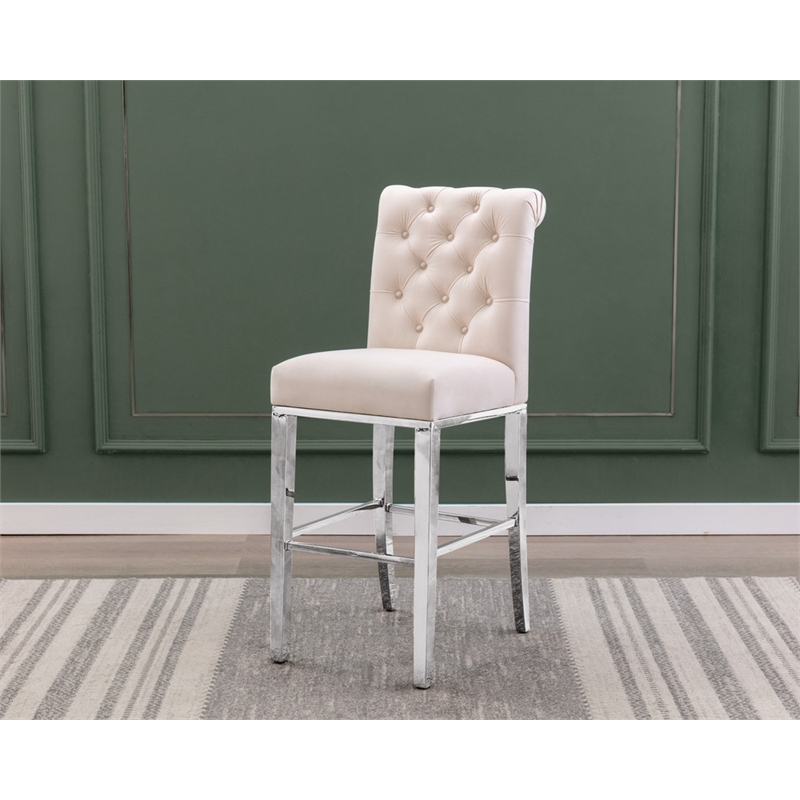 Best Quality Furniture Set of 2 Bar Stools Cream Velvet w Stainless Steel