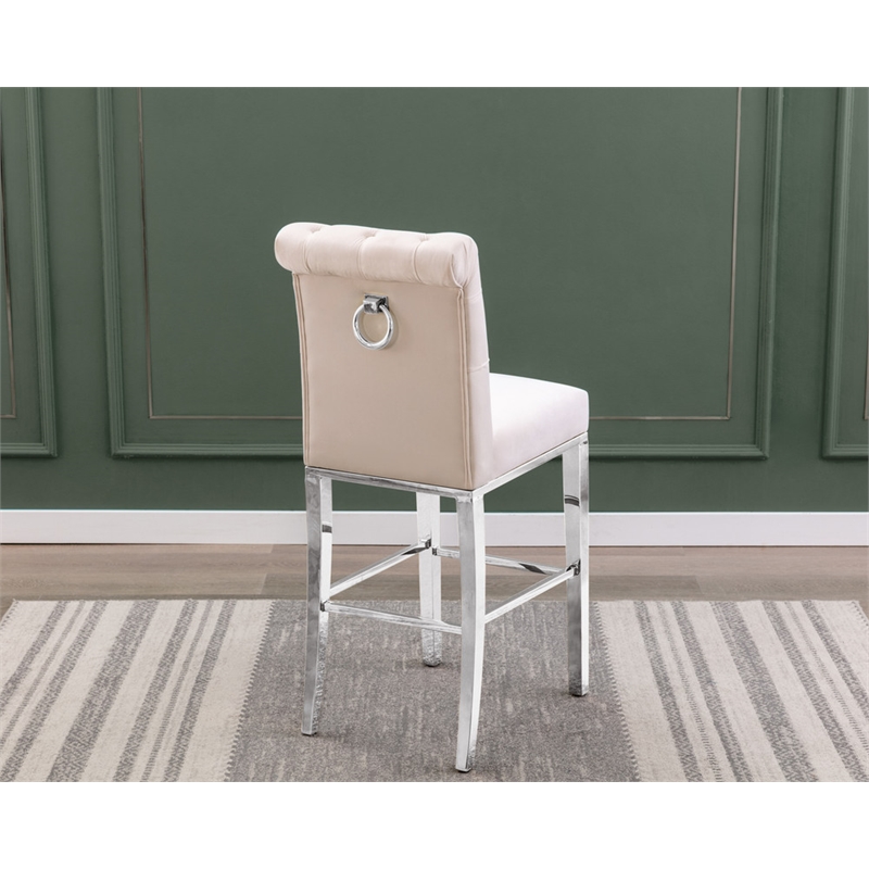 Best Quality Furniture Set of 2 Bar Stools Cream Velvet w Stainless Steel