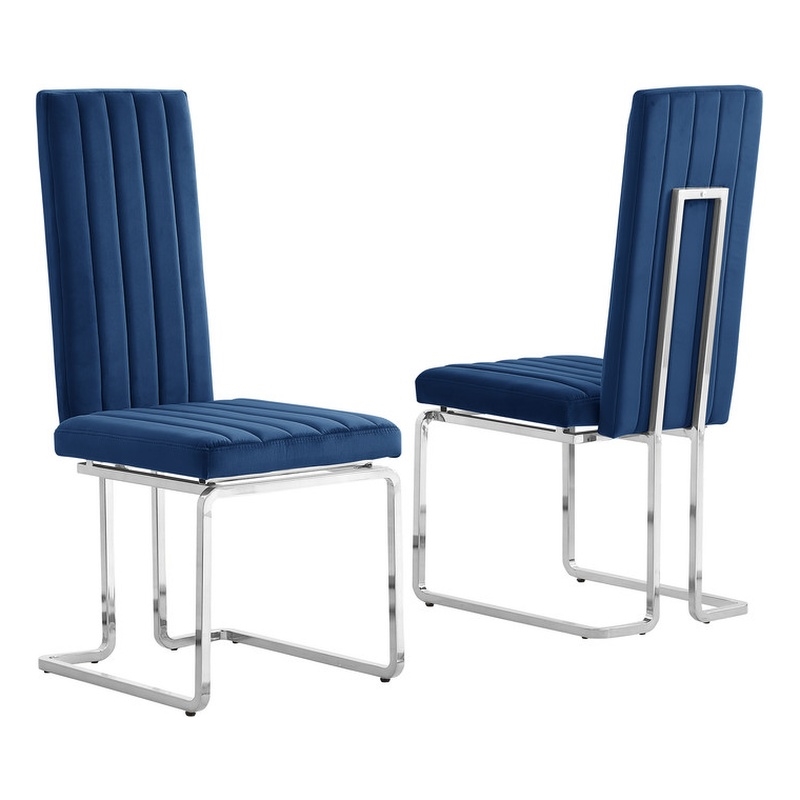 Best Quality Furniture Set of 2 Navy Blue Velvet Side Chairs w Chrome