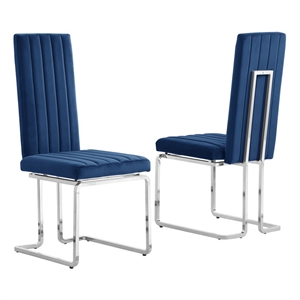 Best Quality Furniture Set of 2 Navy Blue Velvet Side Chairs w Chrome