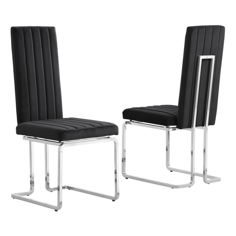 Best Quality Furniture Set of 2 Black Velvet Side Chairs w Chrome