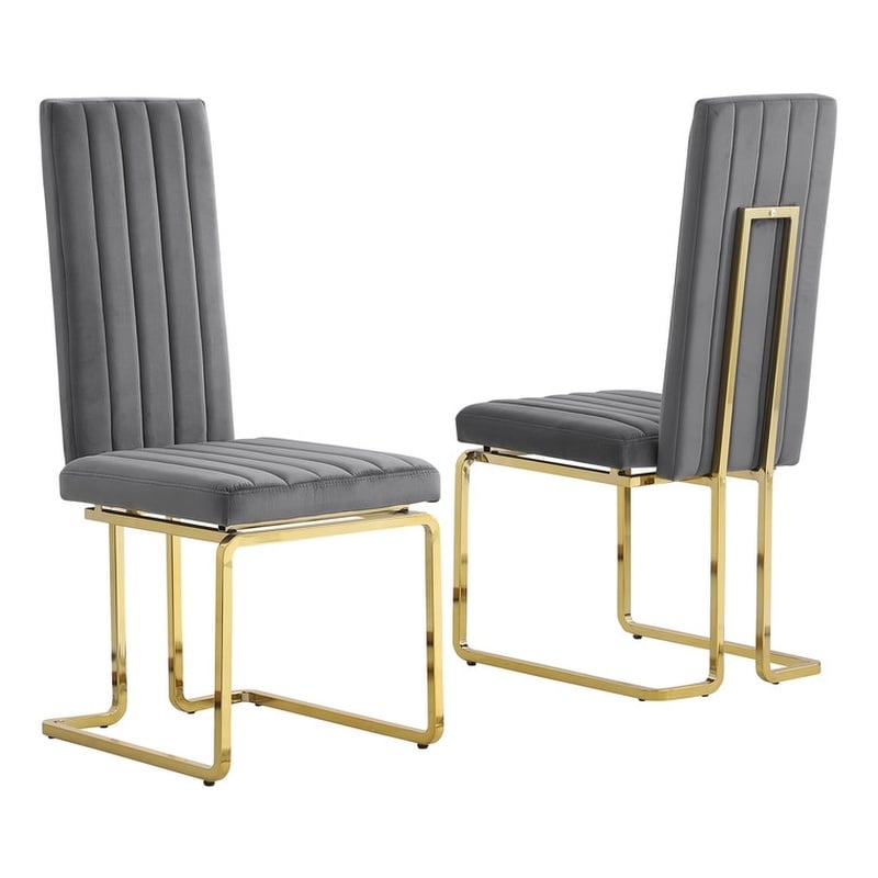 Best Quality Furniture Set of 2 Dark Gray Velvet Side Chairs w Gold Chrome