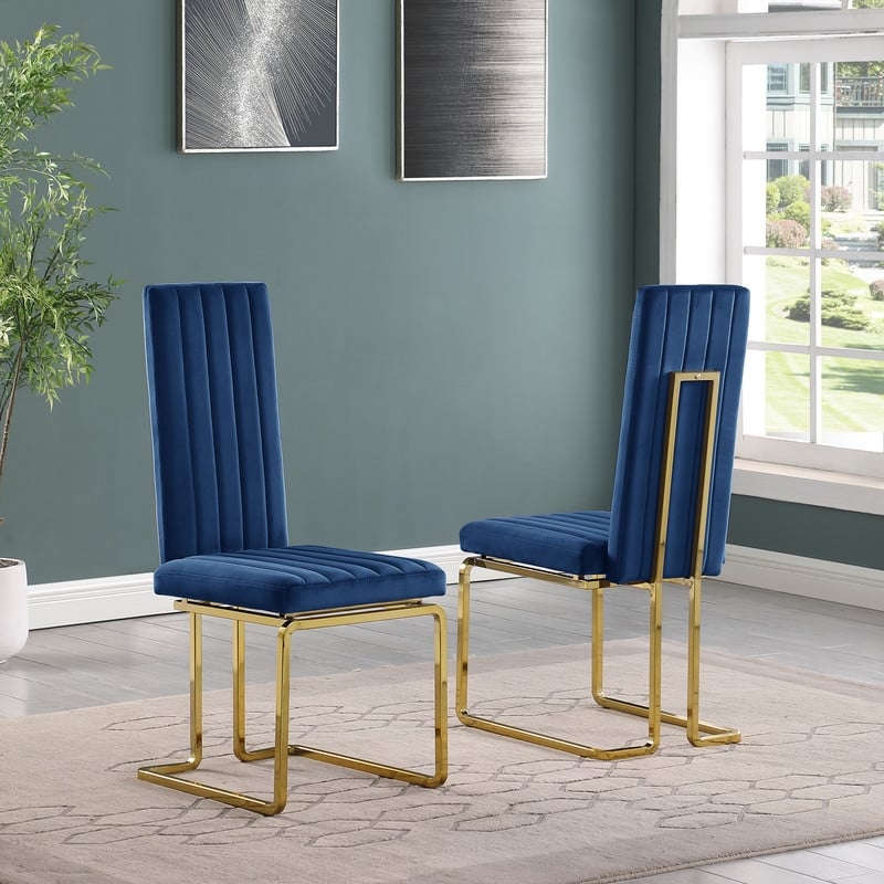 Best Quality Furniture Set of 2 Navy Blue Velvet Side Chairs w Gold Chrome