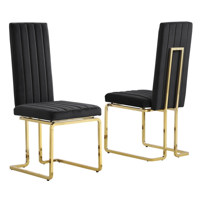 Best Quality Furniture Set of 2 Black Velvet Side Chairs w Gold Chrome