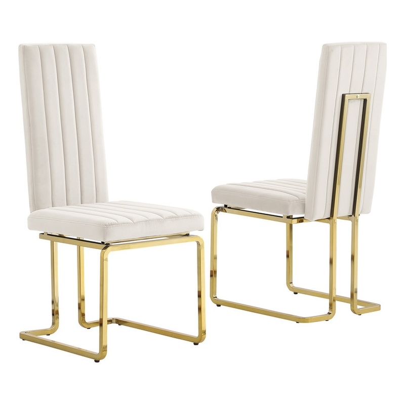 Best Quality Furniture Set of 2 Cream Velvet Side Chairs w Gold Chrome