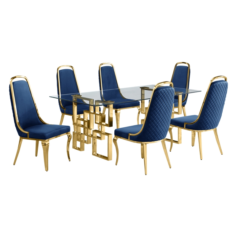 Best Quality Furniture 7pc Tempered Glass Dining Set w Navy Blue Velvet Chairs
