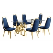 Best Quality Furniture 7pc Tempered Glass Dining Set w Navy Blue Velvet Chairs