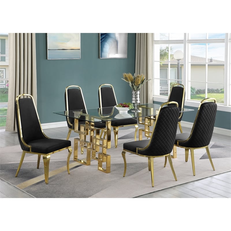Best Quality Furniture 7pc Tempered Glass Dining Set w Black Velvet Chairs