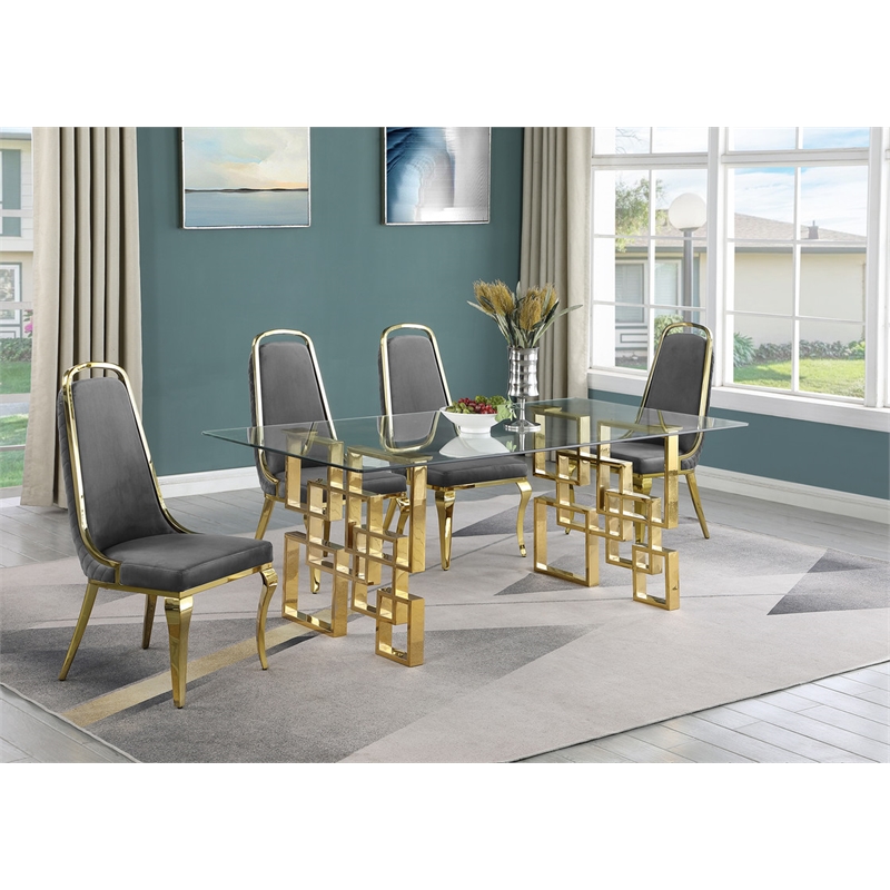 Best Quality Furniture 5pc Tempered Glass Dining Set w Dark Gray Velvet Chairs