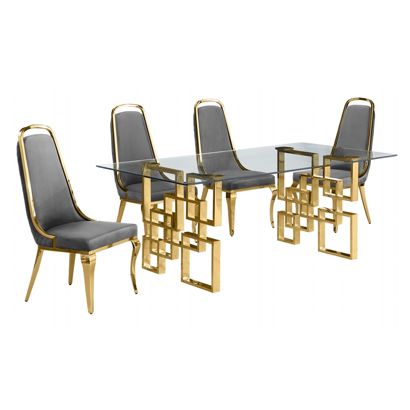 Best Quality Furniture 5pc Tempered Glass Dining Set w Dark Gray Velvet Chairs